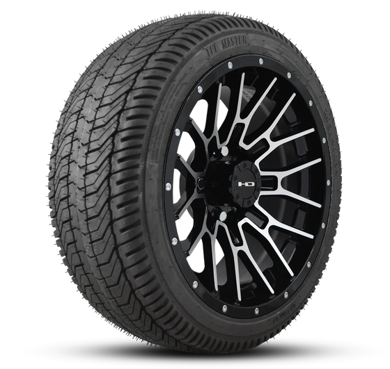 Shop the HD Golf Wheels RTC Gloss Black Machined Face Lip Rivets with Turf / Street Tires online today for your Club Car, Cushman, EZGO, ICON EV, Garia, Massimo, Polaris, or Yamaha Golf Cart.