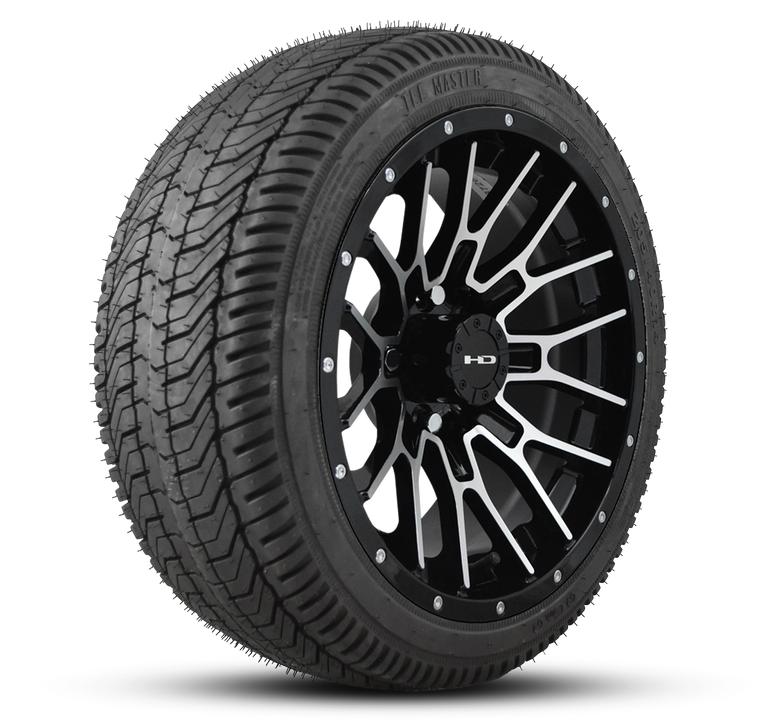 Shop the HD Golf Wheels RTC Gloss Black Machined Face with Turf / Street Tires online today for your Club Car, Cushman, EZGO, ICON EV, Garia, Massimo, Polaris, or Yamaha Golf Cart.