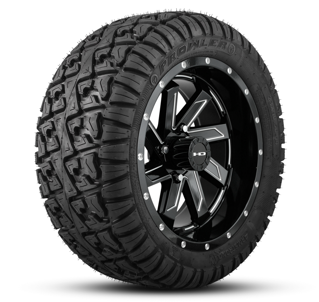 HD Golf Wheel & Tire Package ( 1pc ) 12x7.0 SAW Gloss Black Milled Edges w ( 1pc ) 23 Inch A/T Tire