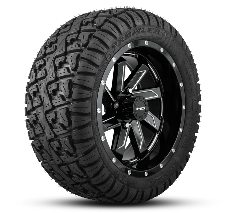 HD Golf Wheel & Tire Package ( 1pc ) 12x7.0 SAW Gloss Black Milled Edges w ( 1pc ) 23 Inch A/T Tire