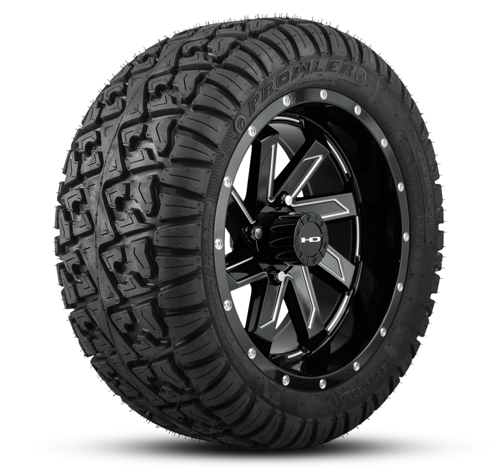 HD Golf Wheel & Tire Package ( 1pc ) 14x7.0 SAW Gloss Black Milled Edges w ( 1pc ) 23 Inch A/T Tire