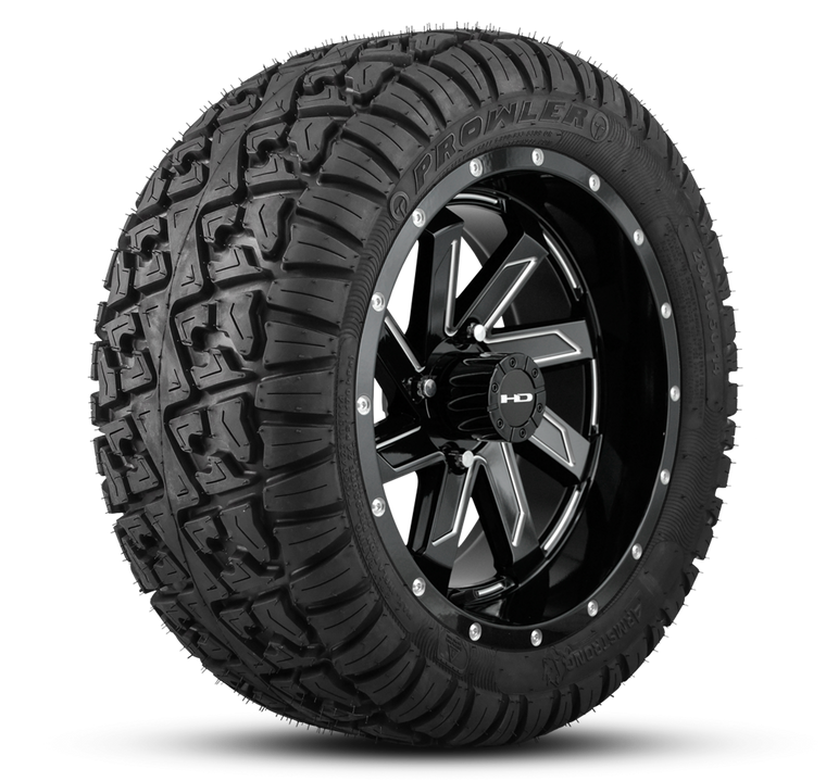 HD Golf Wheel & Tire Package ( 1pc ) 14x7.0 SAW Gloss Black Milled Edges w ( 1pc ) 23 Inch A/T Tire