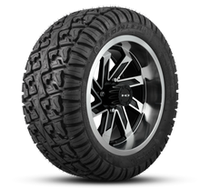 Load image into Gallery viewer, Shop the HD Golf Wheels SAW Gloss Black Machined with A/T Off-Road Tires online today for your Club Car, Cushman, EZGO, ICON EV, Garia, Massimo, Polaris, or Yamaha Golf Cart.