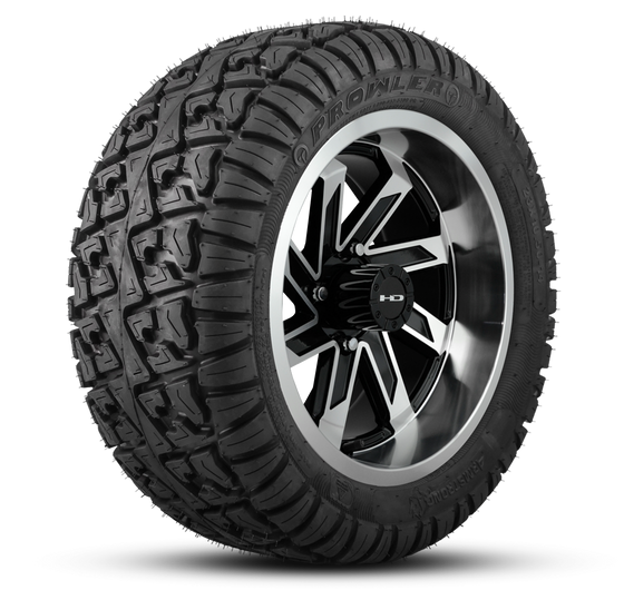 Shop the HD Golf Wheels SAW Gloss Black Machined with A/T Off-Road Tires online today for your Club Car, Cushman, EZGO, ICON EV, Garia, Massimo, Polaris, or Yamaha Golf Cart.
