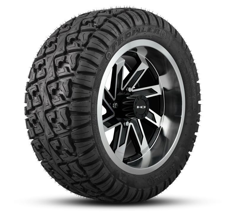Shop the HD Golf Wheels SAW Gloss Black Machined with A/T Off-Road Tires online today for your Club Car, Cushman, EZGO, ICON EV, Garia, Massimo, Polaris, or Yamaha Golf Cart.