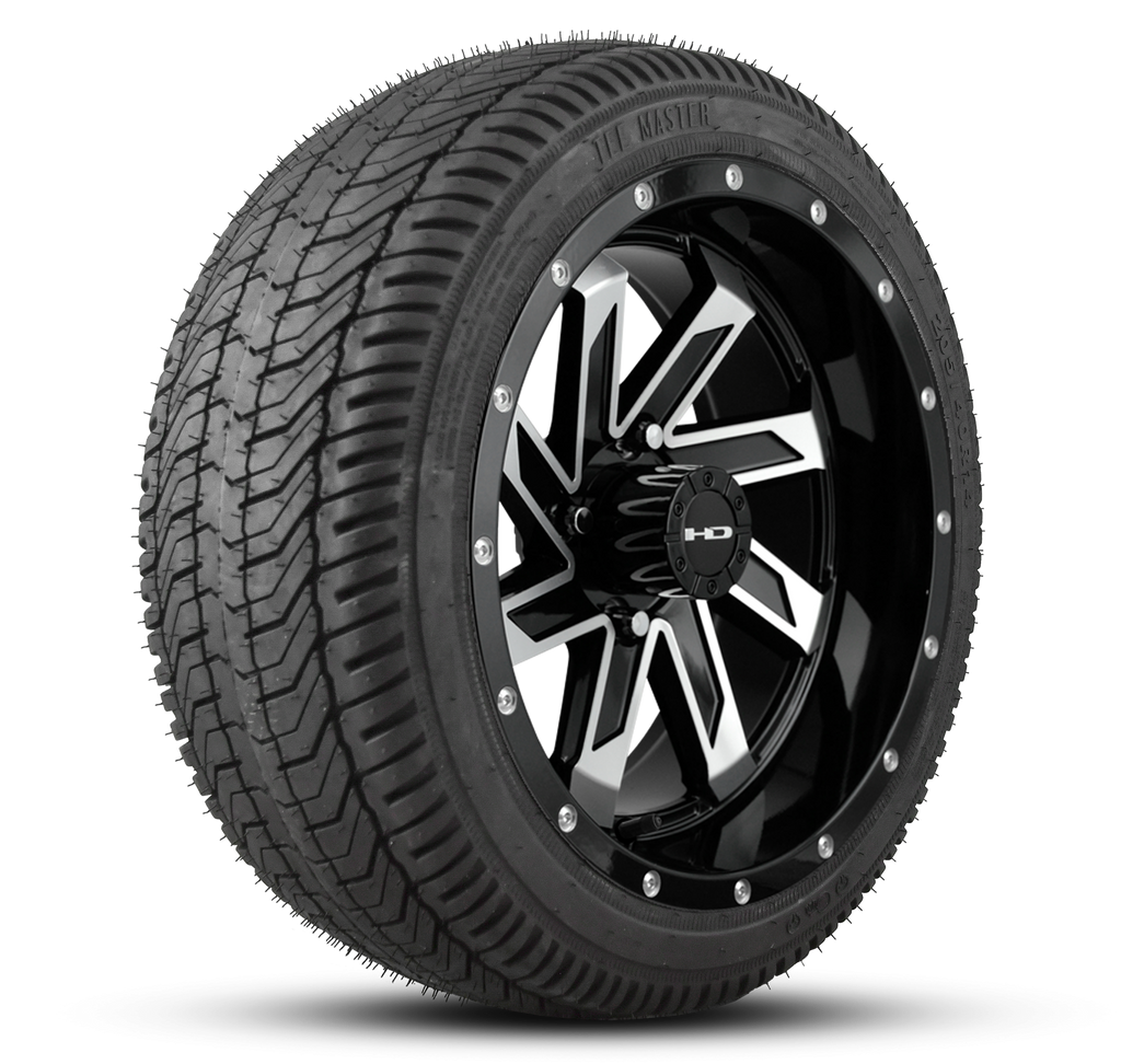 Shop the HD Golf Wheels SAW Gloss Black Machined Face with Turf / Street Tires online today for your Club Car, Cushman, EZGO, ICON EV, Garia, Massimo, Polaris, or Yamaha Golf Cart.