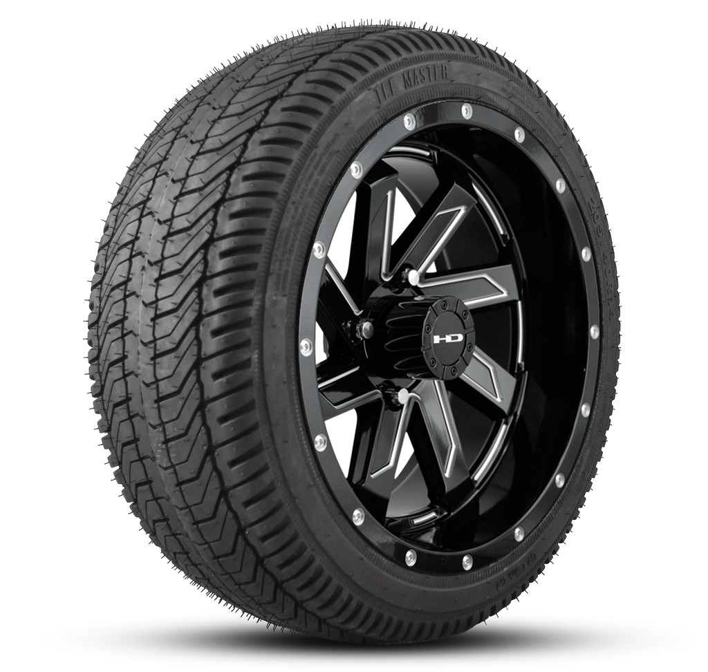 HD Golf Wheel & Tire Package ( 1pc ) 14x7.0 SAW Gloss Black Milled Edges w ( 1pc ) 205/40-14 All-Season Tire