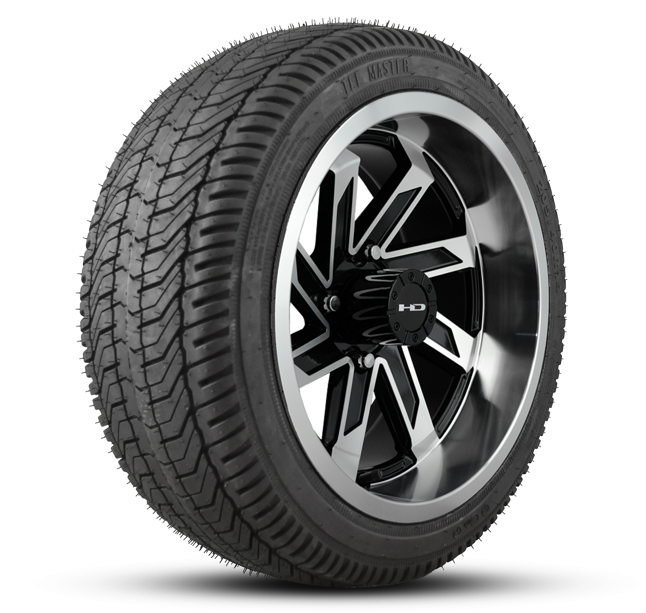 Shop the HD Golf Wheels SAW Gloss Black Machined Face with Turf / Street Tires online today for your Club Car, Cushman, EZGO, ICON EV, Garia, Massimo, Polaris, or Yamaha Golf Cart.
