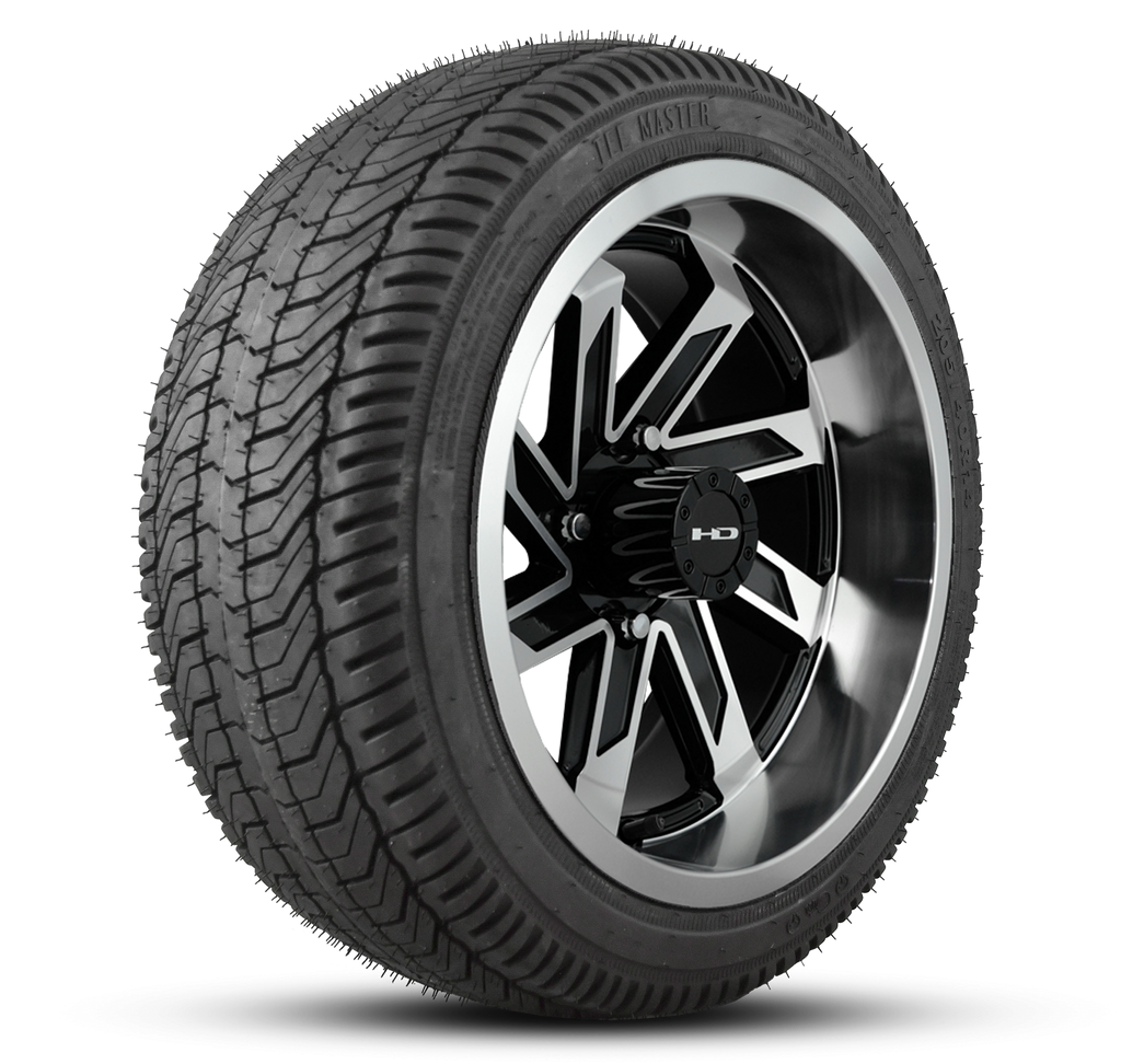 Shop the HD Golf Wheels SAW Gloss Black Machined Face with Turf / Street Tires online today for your Club Car, Cushman, EZGO, ICON EV, Garia, Massimo, Polaris, or Yamaha Golf Cart.