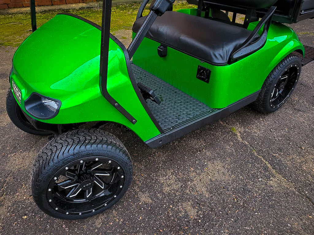 Shop the HD Golf Wheels SAW Gloss Black Milled Edges & Lip online today for your Club Car, Cushman, EZGO, ICON EV, Garia, Massimo, Polaris, or Yamaha Golf Cart.