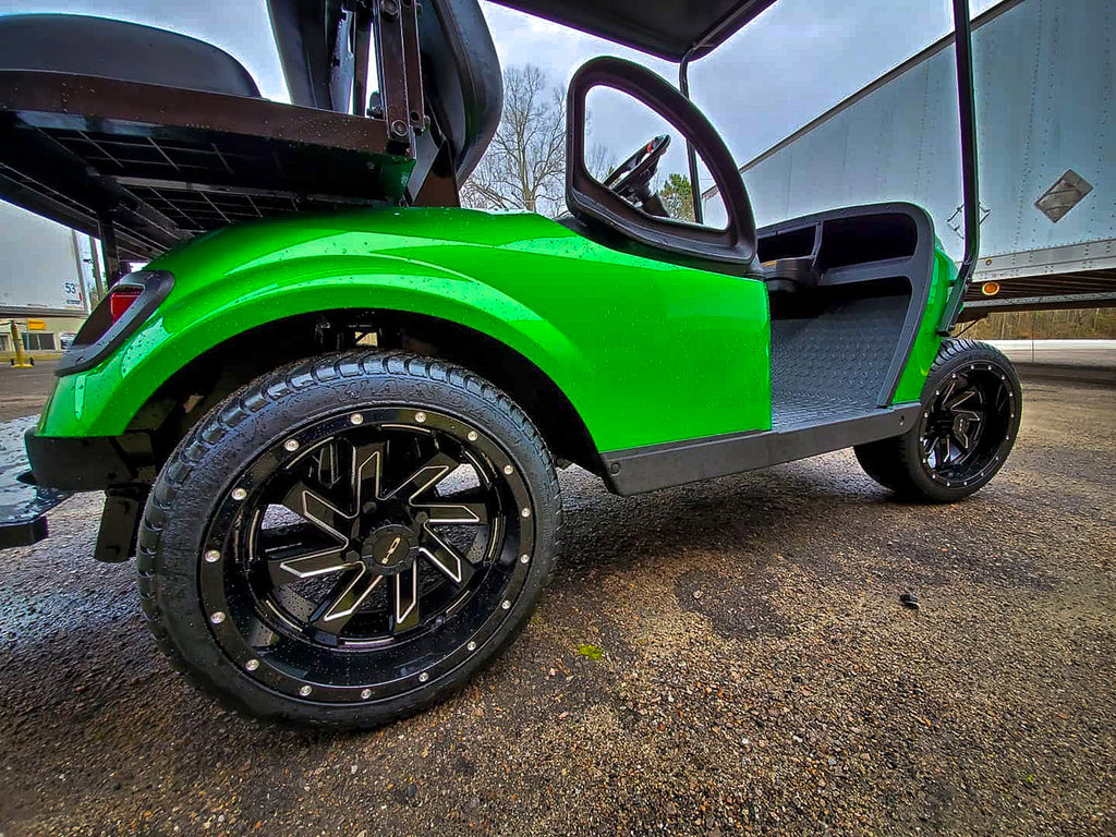 Shop the HD Golf Wheels SAW Gloss Black Milled Edges & Lip online today for your Club Car, Cushman, EZGO, ICON EV, Garia, Massimo, Polaris, or Yamaha Golf Cart.