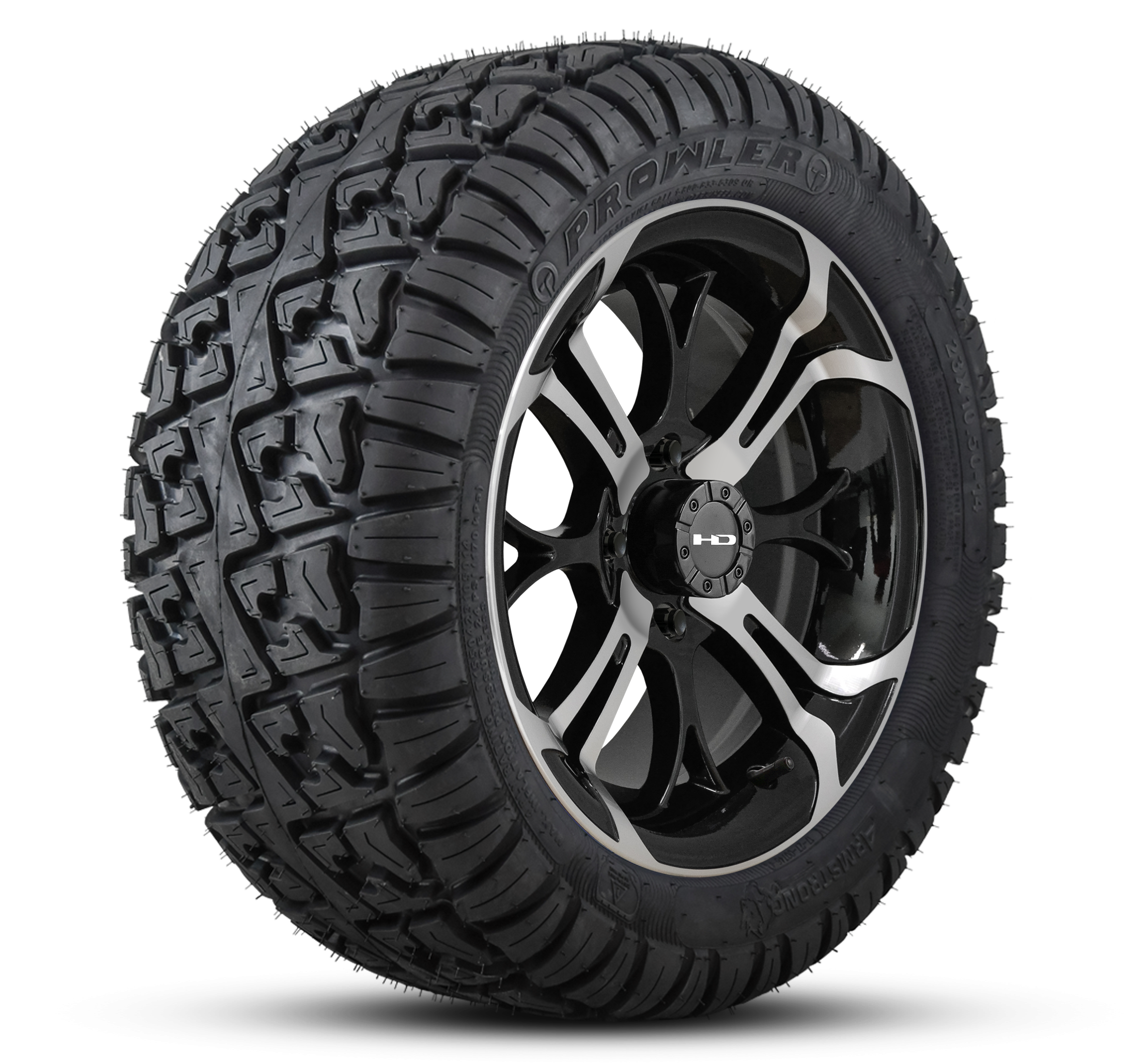 HD Golf Wheel & Tire Package ( 1pc ) 14x7.0 Spinout Gloss Black Machined w ( 1pc ) 23 Inch A/T Tire