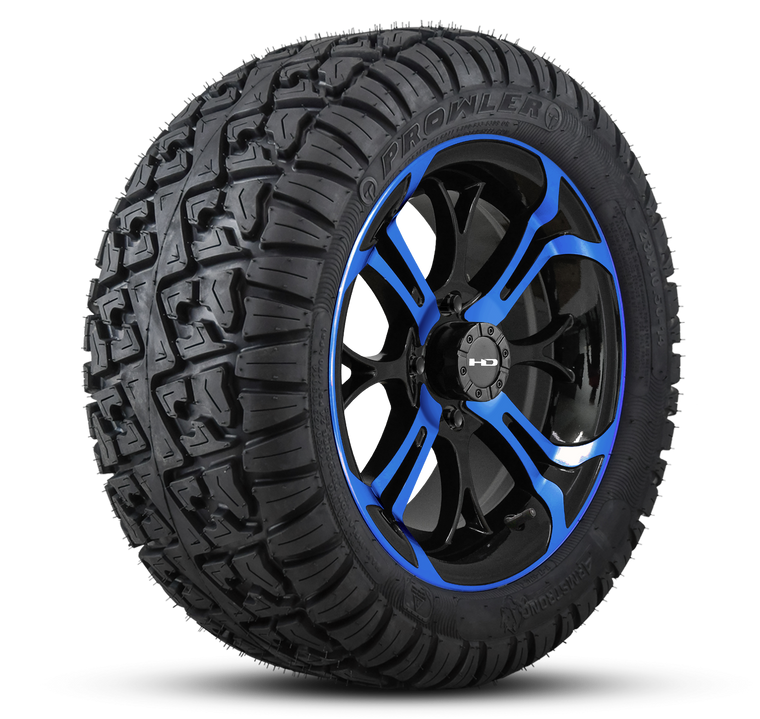 HD Golf Wheel & Tire Package ( 1pc ) 14x7.0 Spinout Gloss Black & Blue w ( 1pc ) 23 Inch A/T Tire