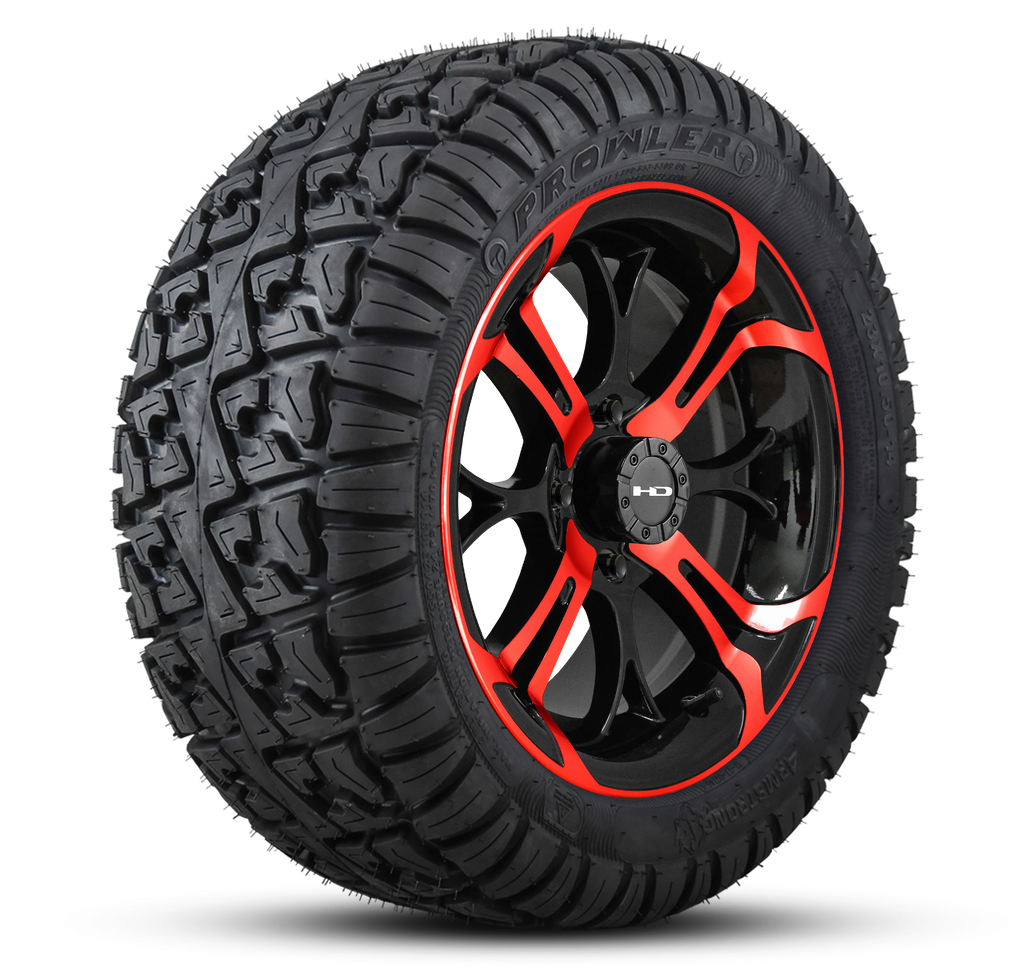 HD Golf Wheel & Tire Package ( 1pc ) 14x7.0 Spinout Gloss Black & Red w ( 1pc ) 23 Inch A/T Tire