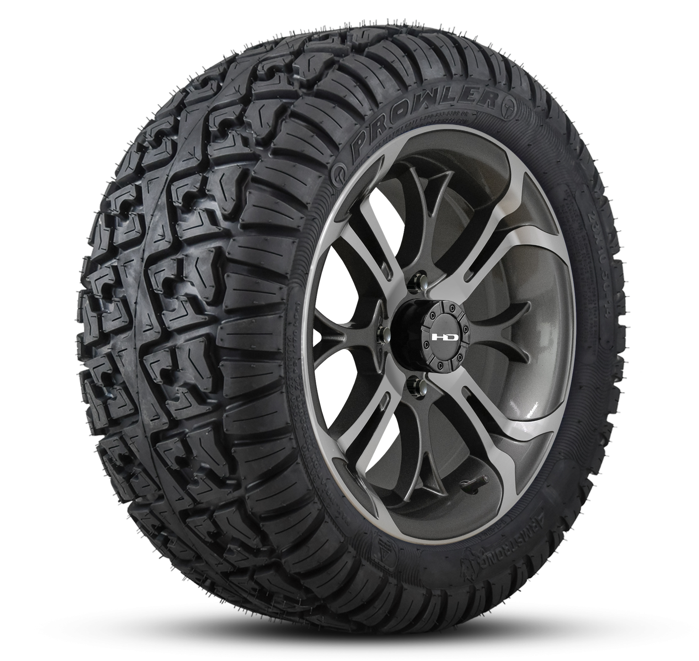 HD Golf Wheel & Tire Package ( 1pc ) 14x7.0 Spinout Gunmetal Machined w ( 1pc ) 23 Inch A/T Tire