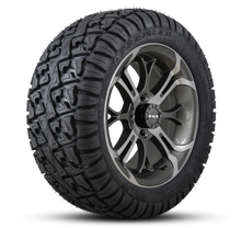 Load image into Gallery viewer, HD Golf Wheel &amp; Tire Package ( 1pc ) 14x7.0 Spinout Gunmetal Machined w ( 1pc ) 23 Inch A/T Tire
