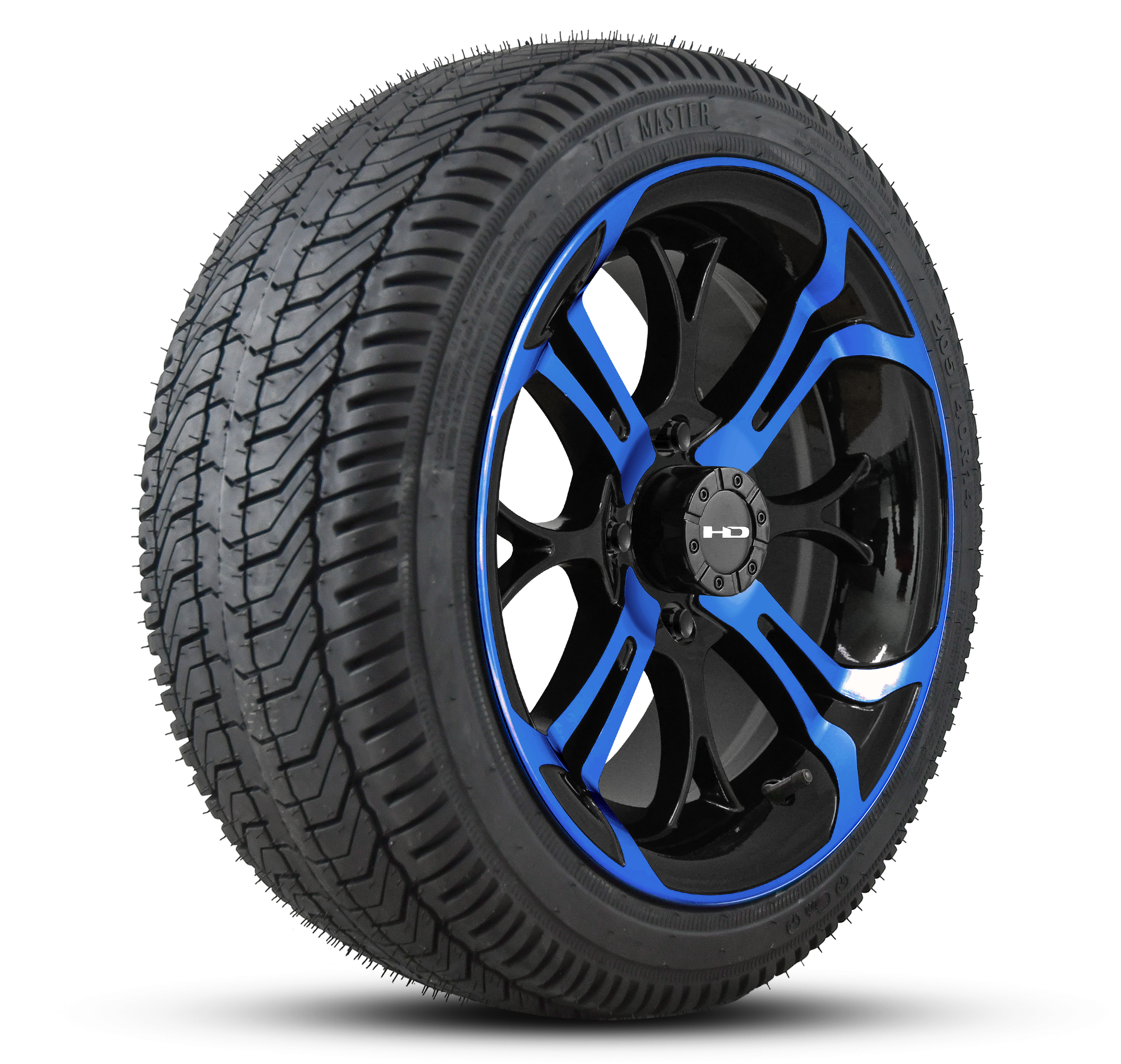 HD Golf Wheel & Tire Package ( 1pc ) 14x7.0 Spinout Gloss Black & Blue w ( 1pc ) 205/40-14 All-Season Tire