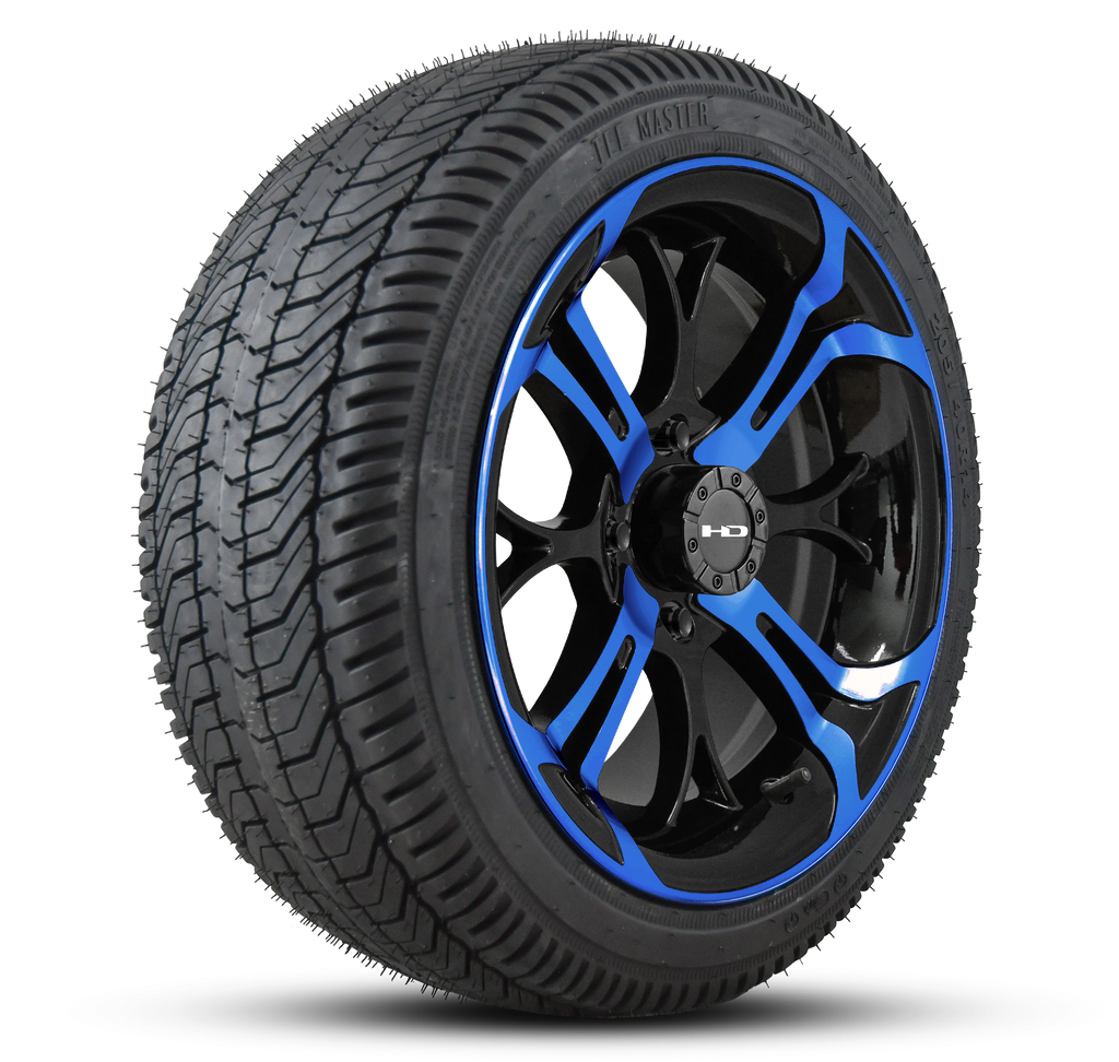HD Golf Wheel & Tire Package ( 1pc ) 14x7.0 Spinout Gloss Black & Blue w ( 1pc ) 205/40-14 All-Season Tire
