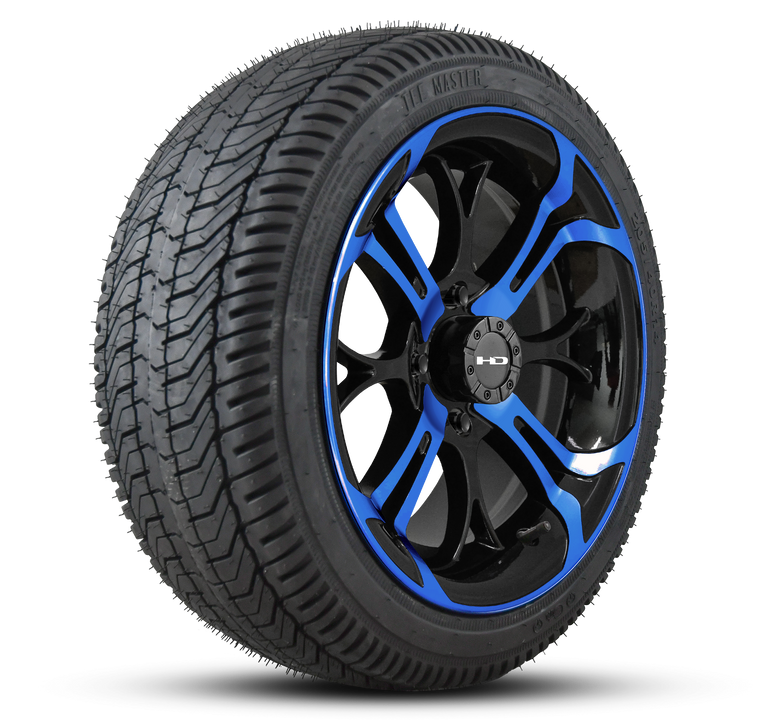 HD Golf Wheel & Tire Package ( 1pc ) 14x7.0 Spinout Gloss Black & Blue w ( 1pc ) 205/40-14 All-Season Tire