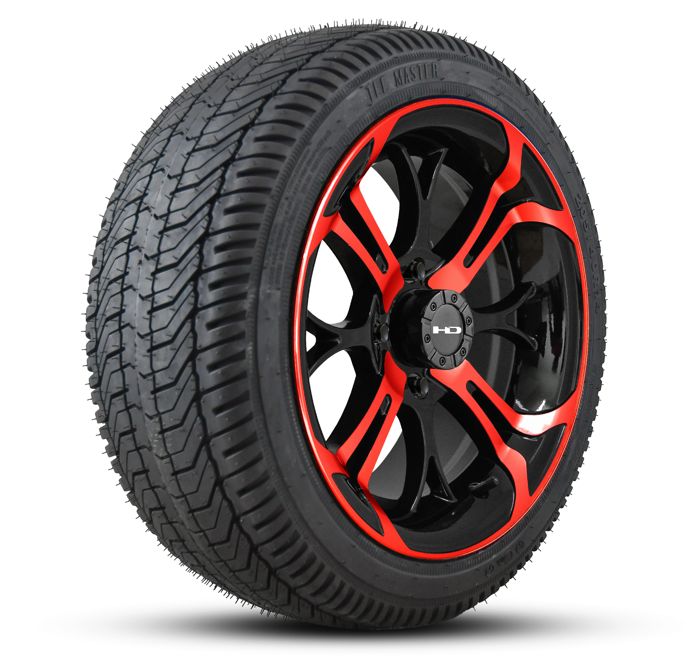 HD Golf Wheel & Tire Package ( 1pc ) 14x7.0 Spinout Gloss Black & Red w ( 1pc ) 205/40-14 All-Season Tire