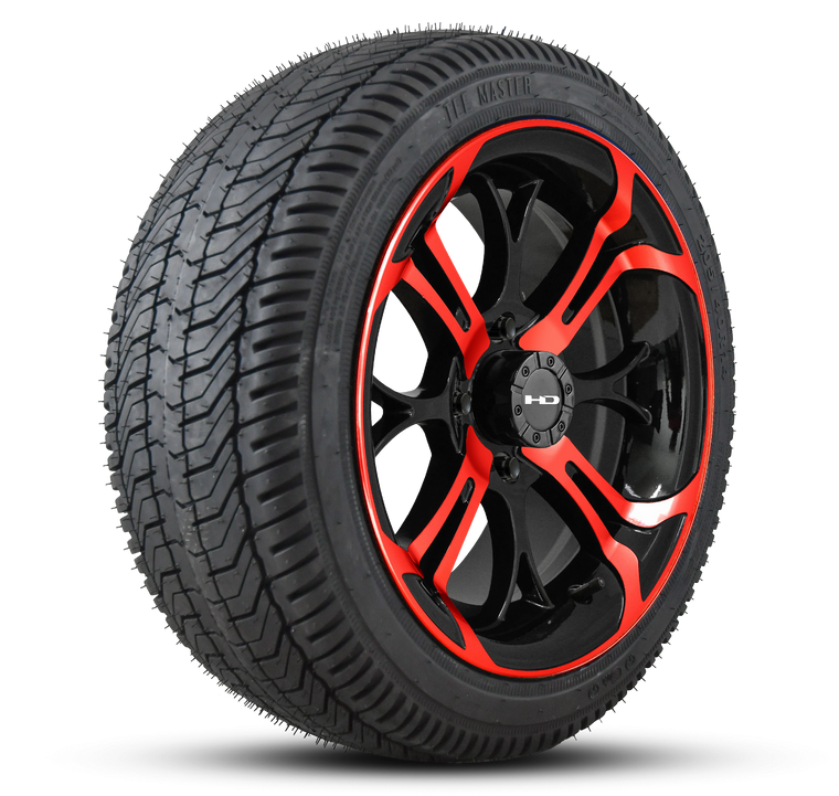 HD Golf Wheel & Tire Package ( 1pc ) 14x7.0 Spinout Gloss Black & Red w ( 1pc ) 205/40-14 All-Season Tire