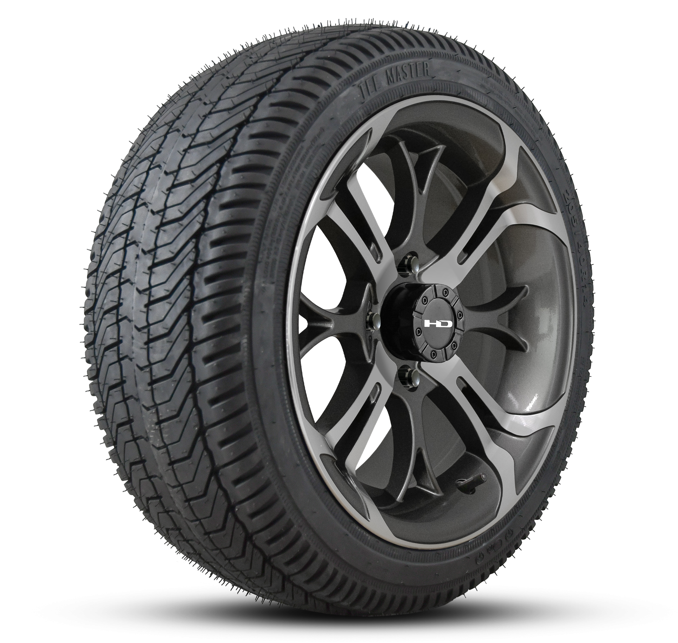 HD Golf Wheel & Tire Package ( 1pc ) 14x7.0 Spinout Gunmetal Machined w ( 1pc ) 205/40-14 All-Season Tire