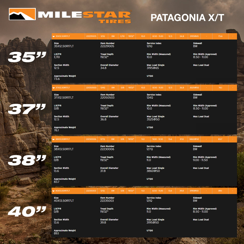 MILESTAR Patagonia A/T All Terrain Tire Specifications HD Off-Road Overland Sector