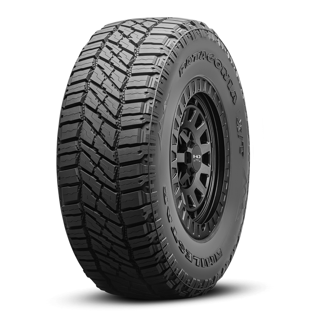 MILESTAR Patagonia X/T 40K Mile Warranty All Terrain Tire with the HD Off-Road Overland Sector Venture in 17x9.0 All Satin Black Angled Shot Mounted & Balanced Wheel & Tire Package