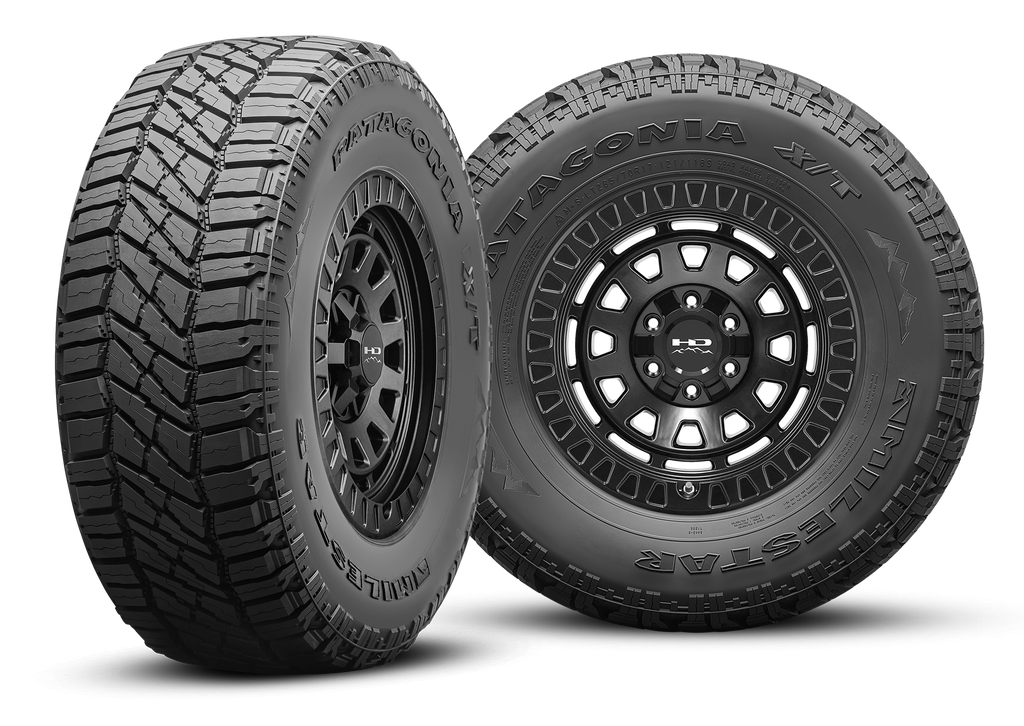 MILESTAR Patagonia X/T 40K Mile Warranty All Terrain Tire with the HD Off-Road Overland Sector Venture in 17x9.0 All Satin Black Angled & Flat Shot Mounted & Balanced Wheel & Tire Package