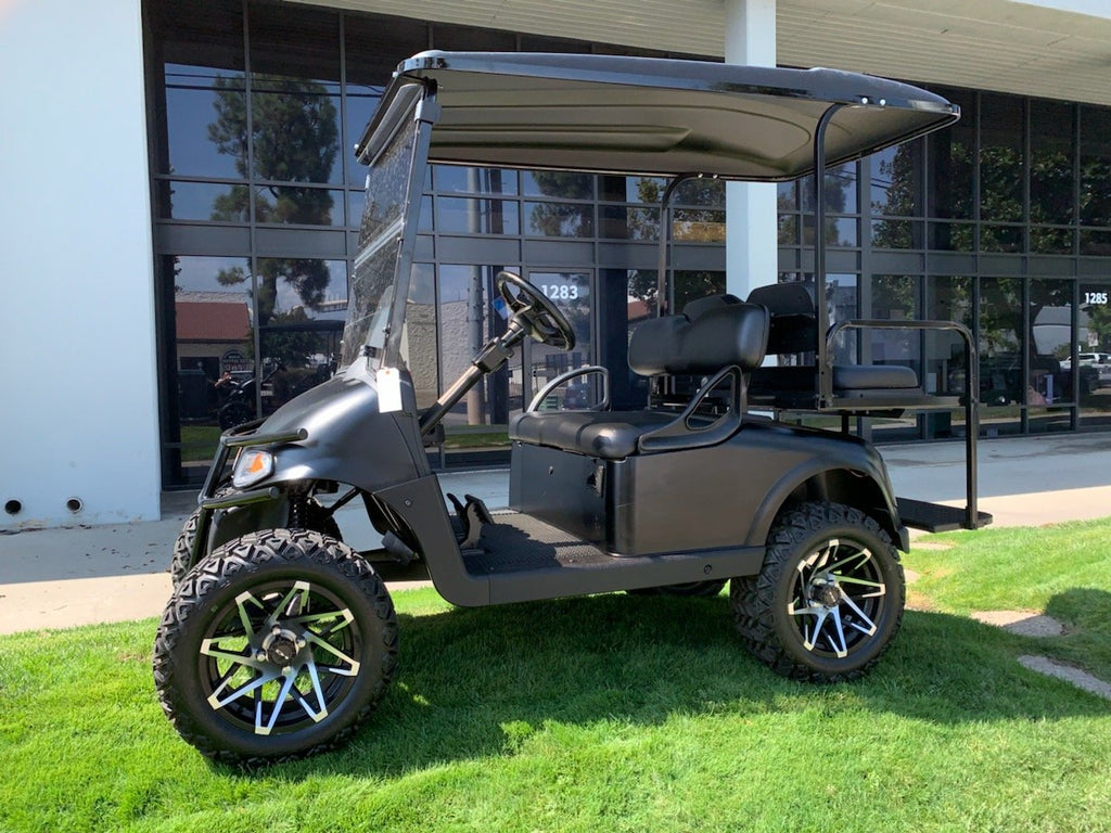 Shop the HD Golf Wheels CANYON Satin Black Machined Face with A/T Off-Road Tires online today for your Club Car, Cushman, EZGO, ICON EV, Garia, Massimo, Polaris, or Yamaha Golf Cart.