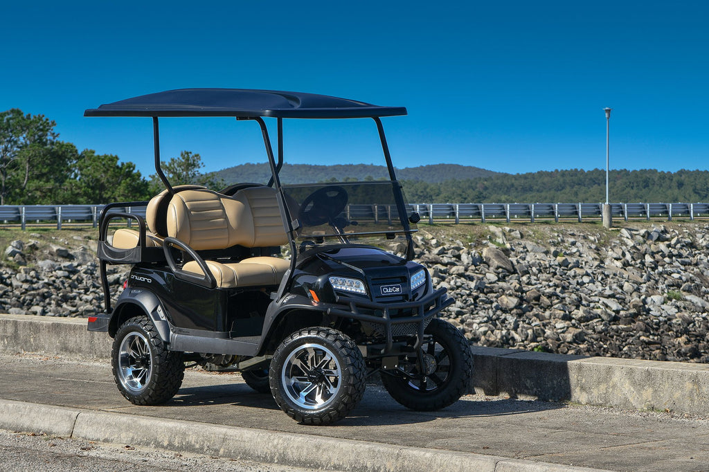 Shop the HD Golf Wheels SAW Gloss Black Machined with A/T Off-Road Tires online today for your Club Car, Cushman, EZGO, ICON EV, Garia, Massimo, Polaris, or Yamaha Golf Cart.