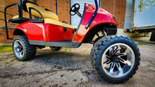 Load image into Gallery viewer, Shop the HD Golf Wheels SAW Gloss Black Machined with A/T Off-Road Tires online today for your Club Car, Cushman, EZGO, ICON EV, Garia, Massimo, Polaris, or Yamaha Golf Cart.