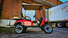 Load image into Gallery viewer, Shop the HD Golf Wheels SAW Gloss Black Machined with A/T Off-Road Tires online today for your Club Car, Cushman, EZGO, ICON EV, Garia, Massimo, Polaris, or Yamaha Golf Cart.
