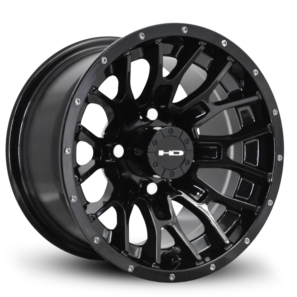 Shop the HD Golf Wheels RTC All Gloss Black with Lip Rivets online today for your Club Car, Cushman, EZGO, ICON EV, Garia, Massimo, Polaris, or Yamaha Golf Cart.