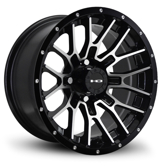 Shop the HD Golf Wheels RTC Gloss Black Machined Face with Lip Rivets online today for your Club Car, Cushman, EZGO, ICON EV, Garia, Massimo, Polaris, or Yamaha Golf Cart.