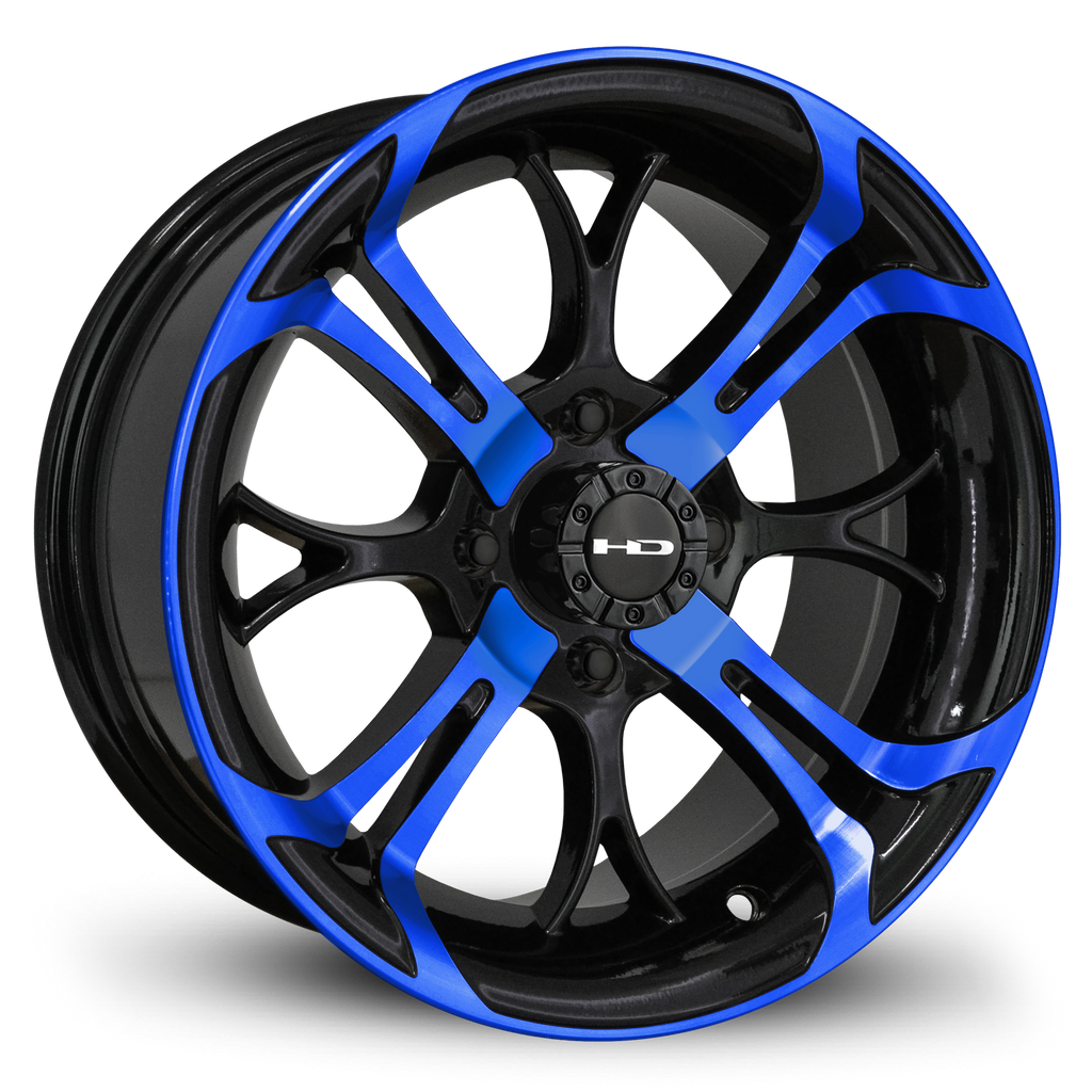 HD Golf Wheels Spinout V2 14x7.0 Gloss Black with Blue Machined Face for Cushman, Club Car, EZGO, ICON, & Yamaha Cart Models