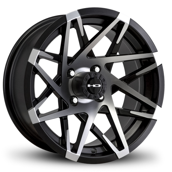 Shop the HD Golf Wheels CANYON Satin Black Machined Face online today for your Club Car, Cushman, EZGO, ICON EV, Garia, Massimo, Polaris, or Yamaha Golf Cart.
