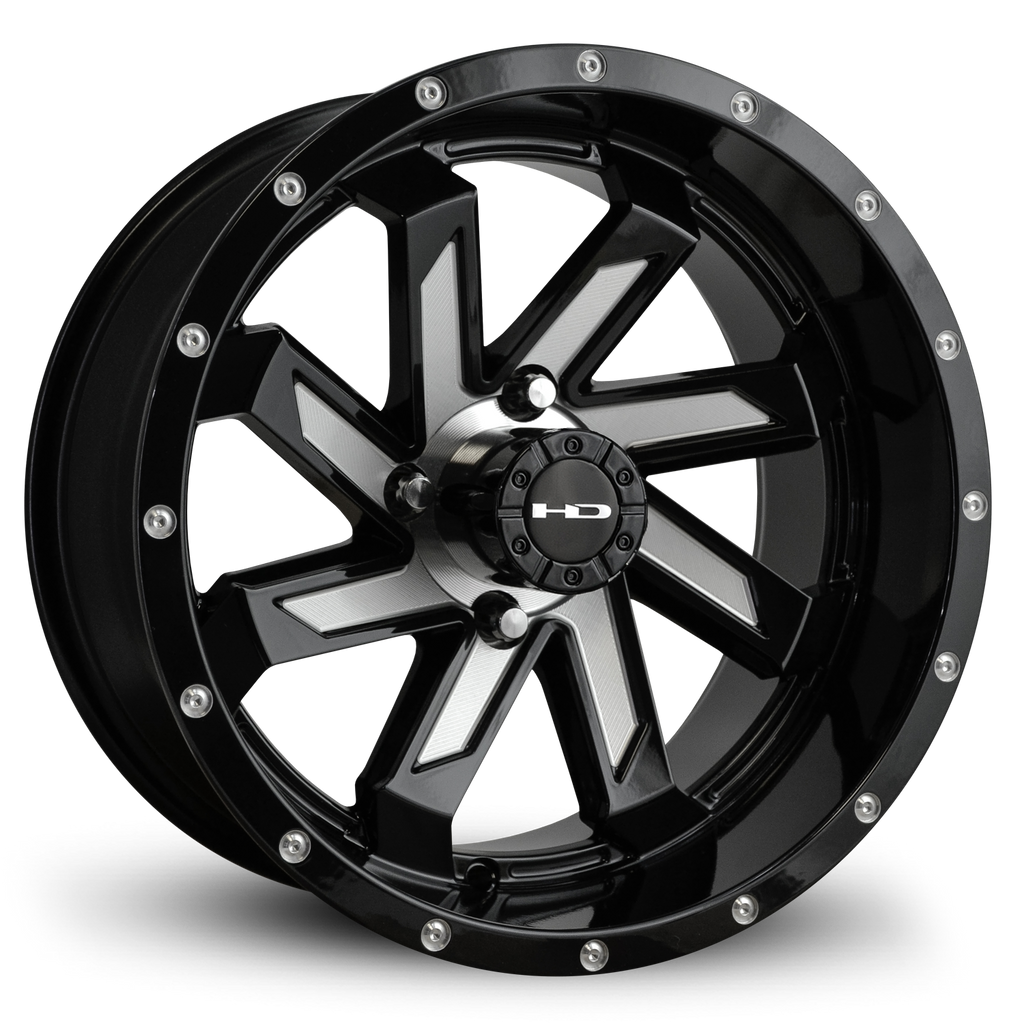 Shop the HD Golf Wheels SAW Gloss Black Milled Face online today for your Club Car, Cushman, EZGO, ICON EV, Garia, Massimo, Polaris, or Yamaha Golf Cart.