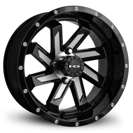 Shop the HD Golf Wheels SAW Gloss Black Milled Face online today for your Club Car, Cushman, EZGO, ICON EV, Garia, Massimo, Polaris, or Yamaha Golf Cart.