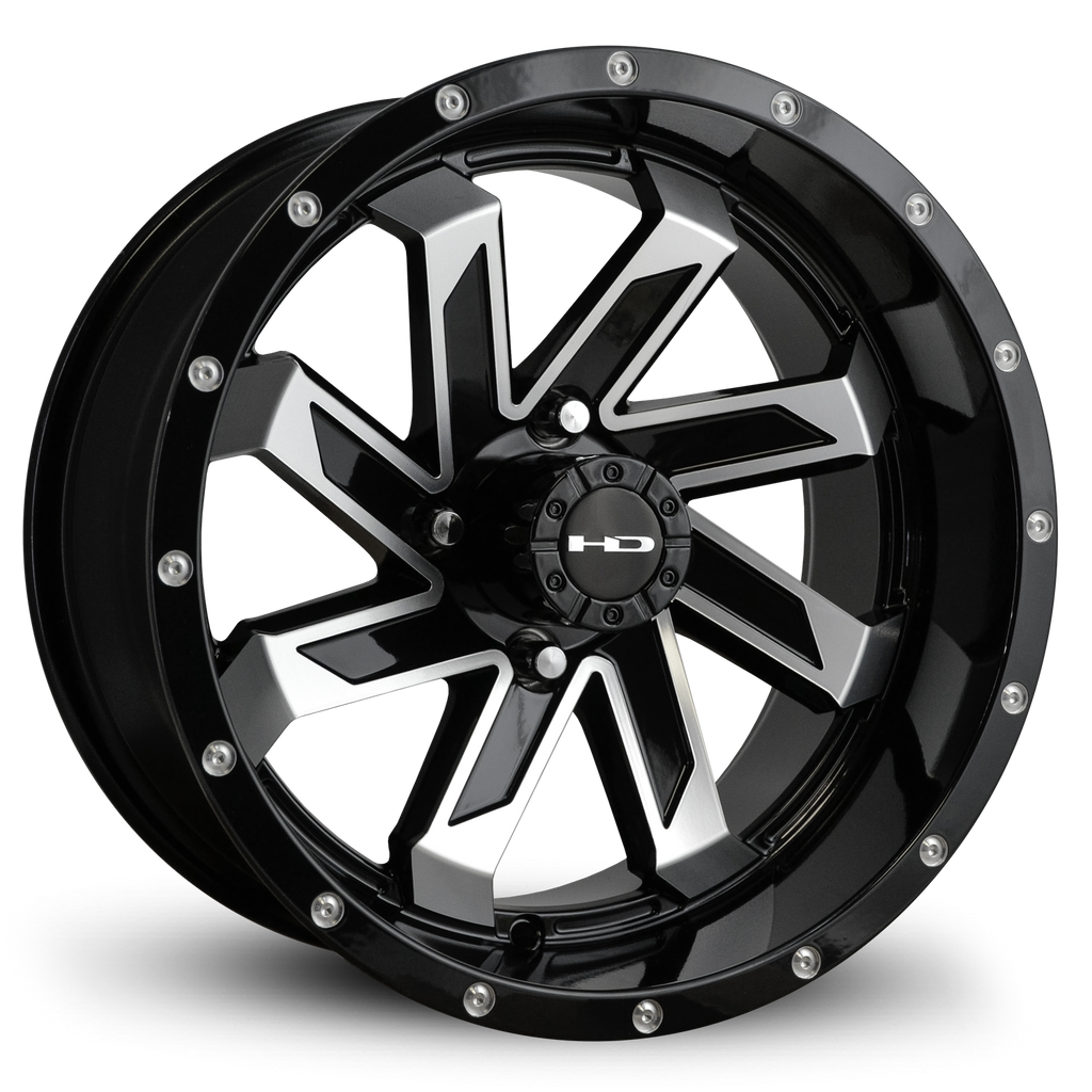 Shop the HD Golf Wheels SAW Gloss Black Machined Face online today for your Club Car, Cushman, EZGO, ICON EV, Garia, Massimo, Polaris, or Yamaha Golf Cart.