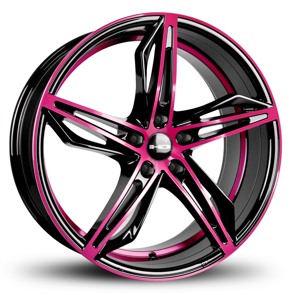 HD Wheels Passenger Car Wheels Fly Cutter in Custom Color Pink and Black Split 5 Spoke with Directional Spokes 18x8.0 and 20x8.5 5x114.3, 5x4.50 Bolt Pattern