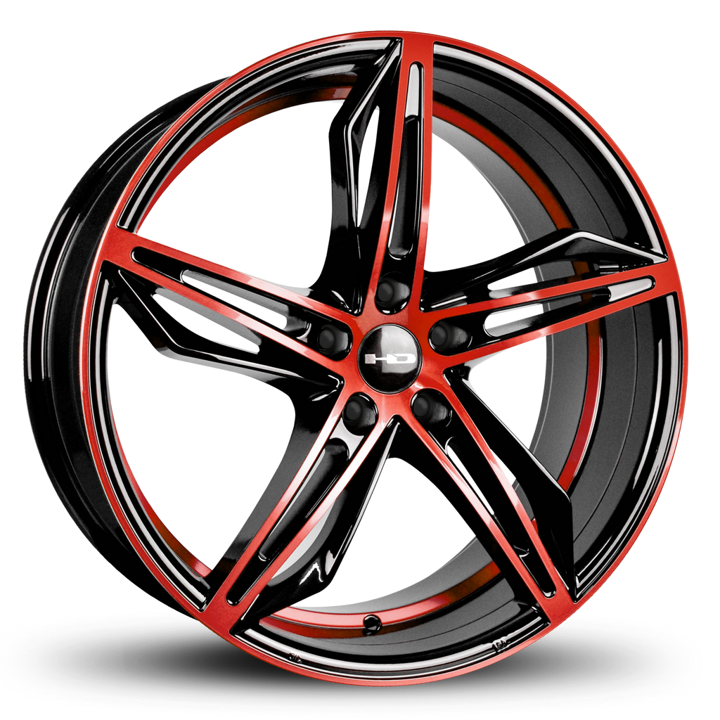 HD Wheels Passenger Car Wheels Fly Cutter in Custom Color Red and Black Split 5 Spoke with Directional Spokes 18x8.0 and 20x8.5 5x114.3, 5x4.50 Bolt Pattern