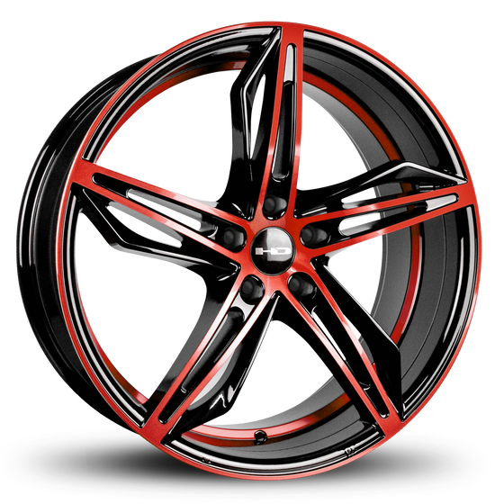 HD Wheels Passenger Car Wheels Fly Cutter in Custom Color Red and Black Split 5 Spoke with Directional Spokes 18x8.0 and 20x8.5 5x114.3, 5x4.50 Bolt Pattern