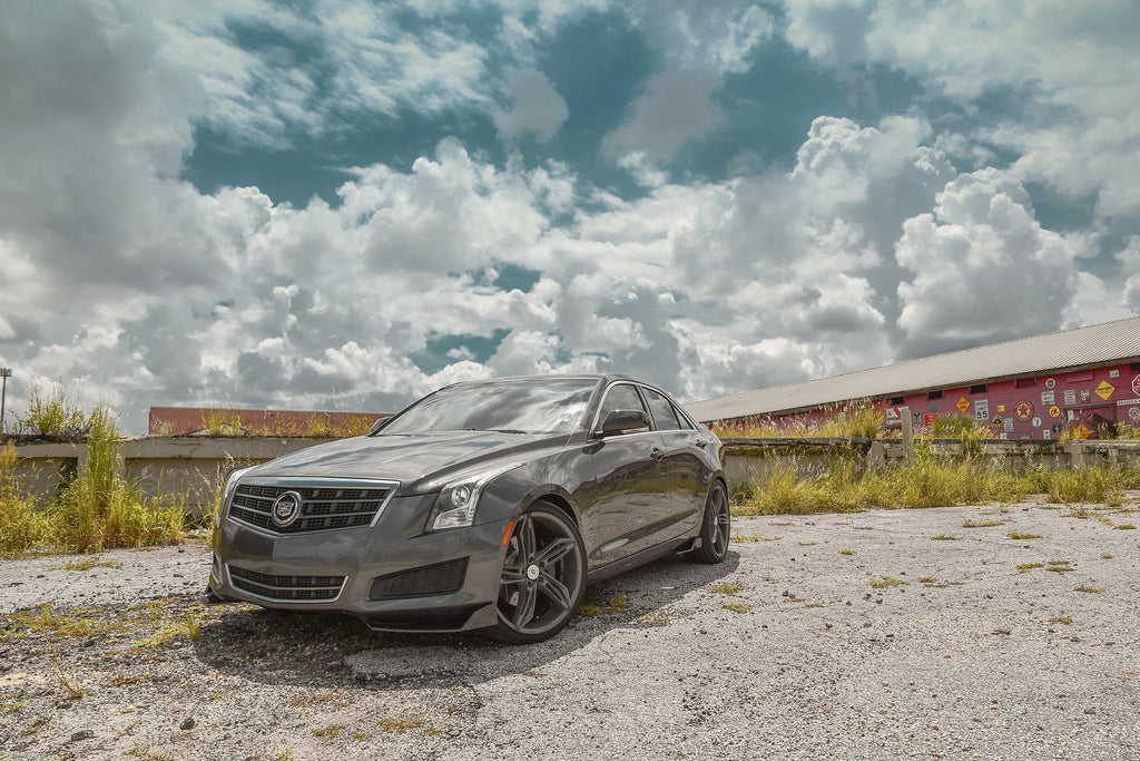 HD Wheels Passenger Car Wheels Fly Cutter in Custom Color Grey and Black Split 5 Spoke with Directional Spokes 18x8.0 and 20x8.5 5x114.3, 5x4.50 Bolt Pattern Battleship Shark Skin Cadillac ATS