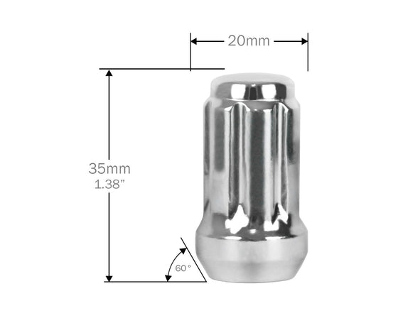Perfectly Tight 7-Spline Lug Nuts 12mm x 1.25mm - 20pc w Key / Chrome Small Diameter Spline Lug Nuts - Chrome