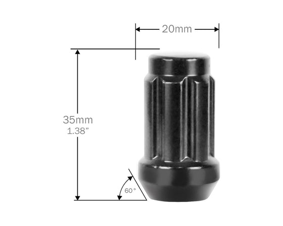 Perfectly Tight 7-Spline Lug Nuts 12mm x 1.25mm - 20pc w Key / Electro Black Small Diameter Spline Lug Nuts - Black