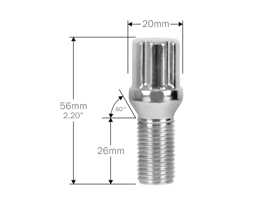 Perfectly Tight 7-Spline Lug Nuts 12mm x 1.5mm - 20pc w Key / Chrome Small Diameter Spline Lug Bolt Kits - Chrome