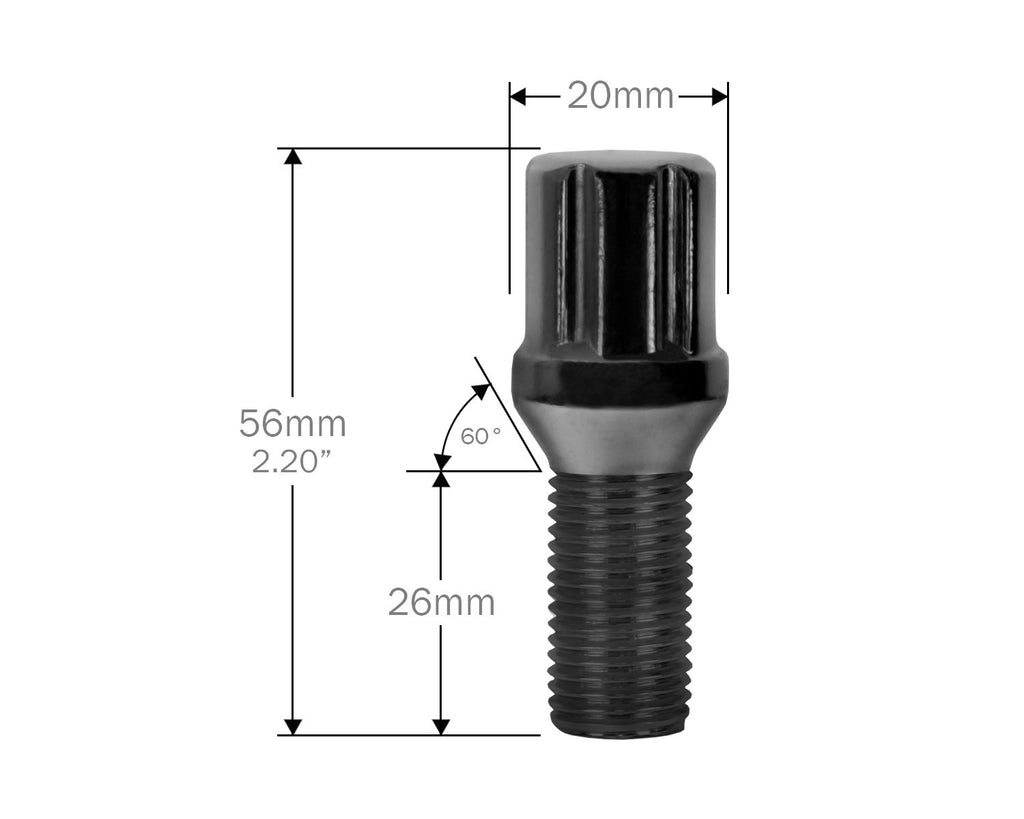 Perfectly Tight 7-Spline Lug Nuts 12mm x 1.5mm - 20pc w Key / Electro Black Small Diameter Spline Lug Bolt Kits - Black