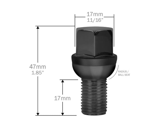 Perfectly Tight Lug Bolts 12mm x 1.5mm ( 20pc ) Radius Seat Short Lug Bolts for Classic VW & Porsche - Black