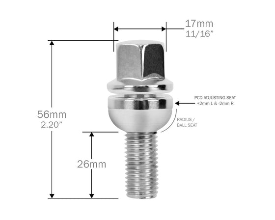 Perfectly Tight Lug Bolts 14mm x 1.5mm ( 20pc ) / Electro Black Radius Seat / PCD Adjusting Lug Bolts - Chrome